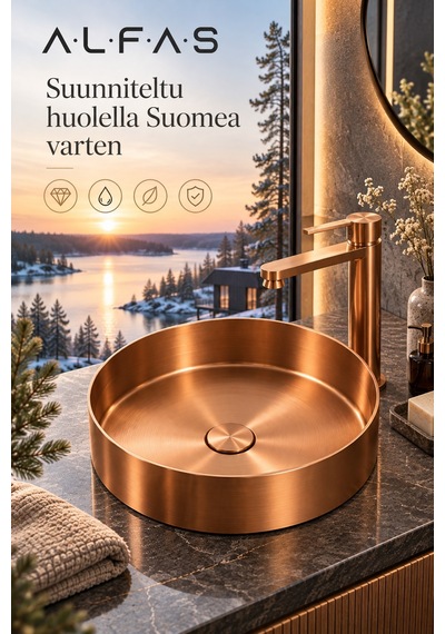 Alfas Aura Round 40 Cm Pvd Rose Gold Tezgah Üstü Çanak Lavabo 304 Paslanmaz Çelik