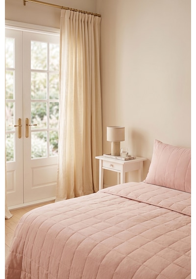 Ocean Home Textile %100 Pamuk Kumaş Kapitoneli Pembe Çok Amaçlı Tek Kişilik Yatak Örtüsü Seti 1 Adet 180 X 230 / 1 Adet 50 X 70 Cm