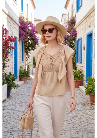 Lela Regular Fit Önden Bağlamalı Volanlı Bayan Bluz 611Fb20064 Taş