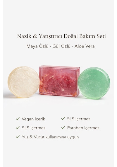 3'lü Doğal Sabun Seti Maya, Aloe Vera, Gül Özlü - Hassas & Günlük Nazik Bakım Serisi Aloe Vera - Gül