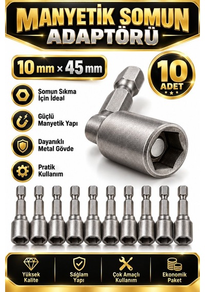 Manyetik Somun Adaptörü 10x45 Mm 10 Adet Lokma Bits Ucu Matkap Vi