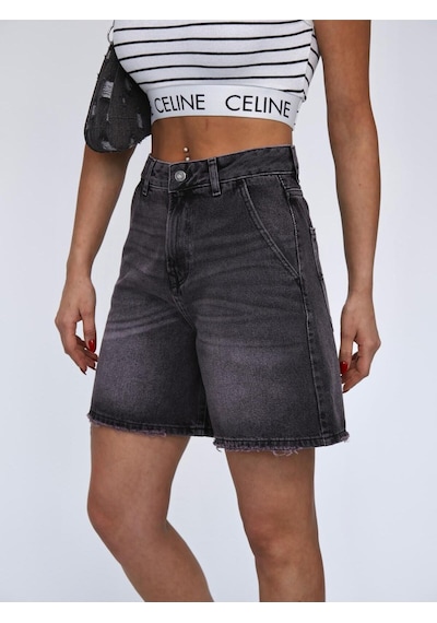 Füme Denim Mini Şort Siyah