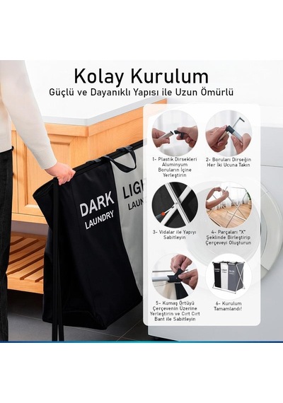 Valkyrie 3 Bölmeli Katlanabilir Çamaşır Sepeti Siyah Beyaz Renk Ayırmalı Çamaşır Organizer Çok Renkli
