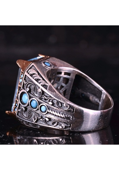 Kambo El Yapımı 925 Ayar Gümüş Mavi Topaz Taşlı Erkek Yüzük - 13 Gr