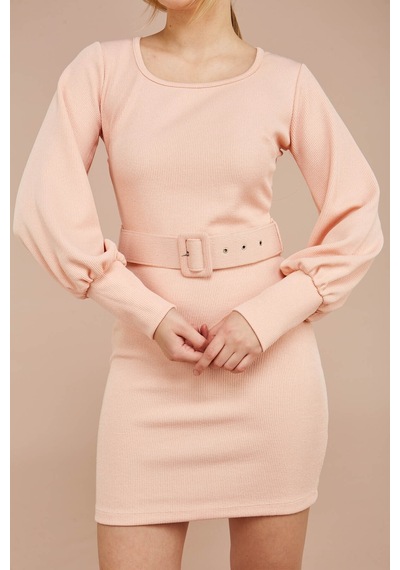 Zafir Butik Pembe Yaka Kemerli Elbise Pembe Pembe