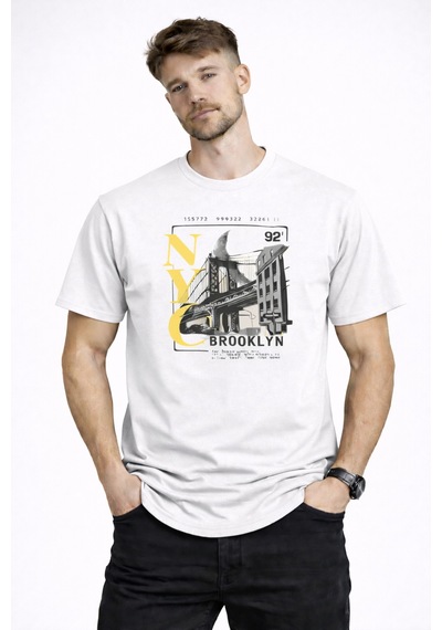 Herkesemoda Nyc Brooklyn Detaylı Basic T-shirt Beyaz