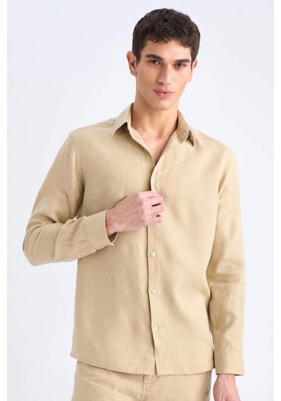 DeFacto %100 Keten Regular Fit Polo Yaka Yazlık Uzun Kollu Gömlek D9925AX25SPBG732