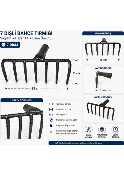7 Dişli, El Yapımı Çelik Tırmık, 35 Cm Evladiyelik Çelik El Yapımı Bahçe Tırmığı Sap Hariçtir.