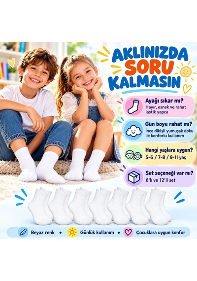 Woman And Kids Wak Çocuk Beyaz Çorap 6'lı Set İnce Dikişli Yumuşak Nefes Alabilen Okul Günlük Rahat Çorap 5-11 Yaş Seti