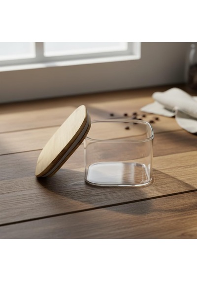 400 Ml Bambu Kapaklı Kare Cam Saklama Kabı - Dikey Çizgili Rölyef Desenli Vakumlu Kahvaltılık Ve Erzak Kabı 10x10x6 Cm Çok Renkli