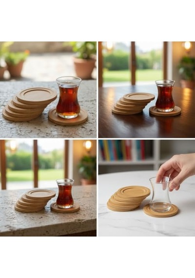 Deconox Bambu Yuvarlak Çay Tabağı Bardak Altlığı 6'li Set, Dekoratif Bambu Altlık Çok Renkli