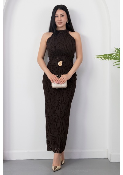 Kalopya Halter Yaka Beli Tokalı Bağlamalı Elbise Grs4023 Kahve