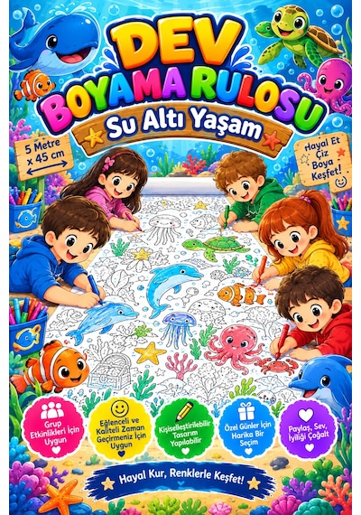 Sualtı Yaşamı Okyanus Hayatı Dev Boyama Kağıdı Boyama Rulosu Büyük Boy 5 Metre - 808516261