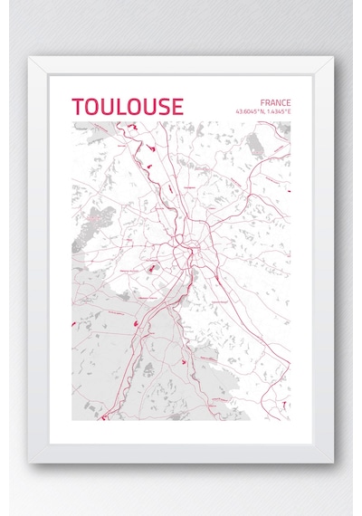 Tuzul Fransa Toulouse - France Haritası Çerçeveli Tablo Lüks Salon Ofis Duvar Dekorasyonu Tablo Beyaz
