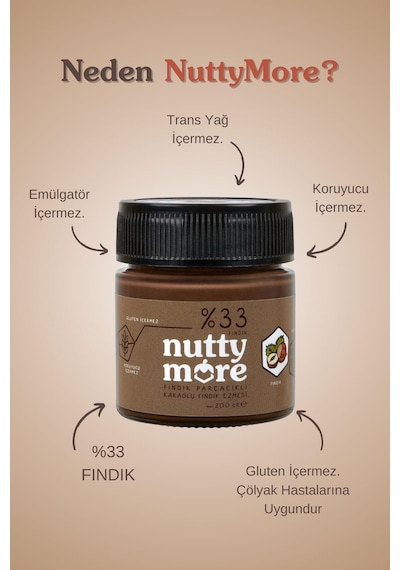 Nutty More %33 Fındık Parçacıklı Kakaolu Fındık Ezmesi 200 Gr X 6 Adet