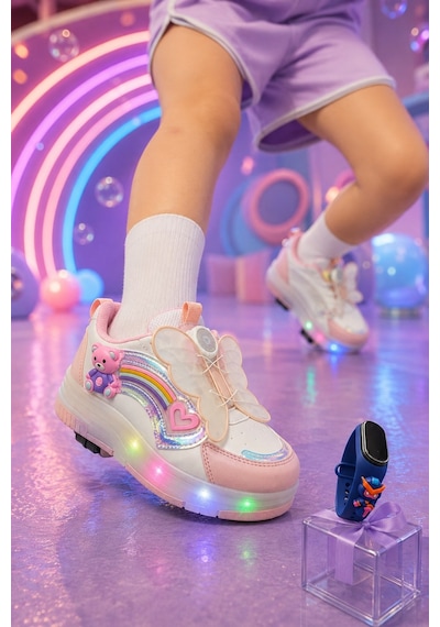 Muggo Colourful Çocuk Işıklı Patenli Tekerlekli Sneaker Spor Ayakkabı Pudra