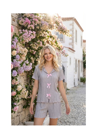 Medinenur Fiyonk Detaylı Örme Şortlu Pijama Takımı Gri