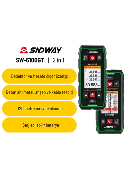 Sndway Sw-6100gt Duvar Metal-ahşap Dedektörü Ve Lazer Mesafe Ölçer 120m Gri