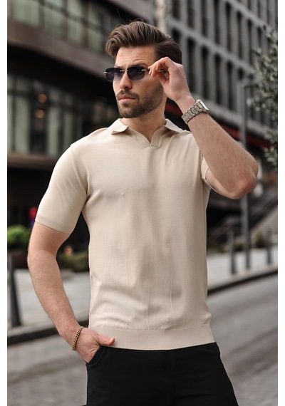 Madmext Taş Rengi Polo Yaka Triko Kısa Kollu Erkek Tişört E7463 Taş Rengi