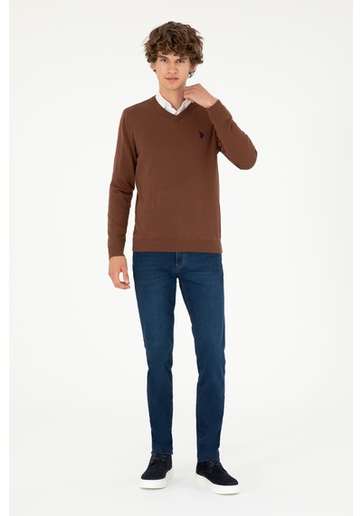 U.S. Polo Assn. Erkek Slim Fit V Yaka Kahverengi Basic Kazak 50293512-VR158