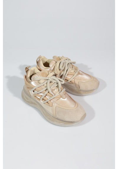 Dgn B1014 Kadin Kalin Taban Bağcikli Sneakers Ayakkabi Bej