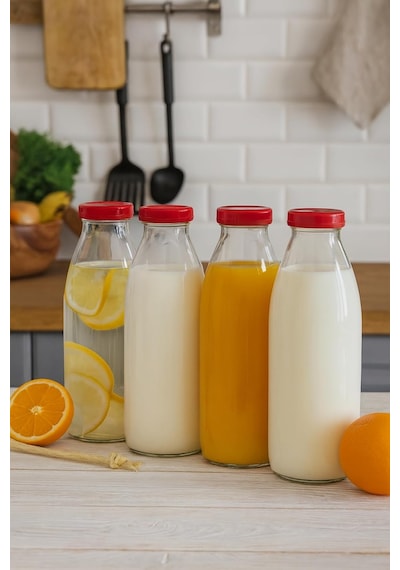 4 Adet 1 Litre Şeffaf Sürahi Süt, Ayran, Su, Limonata, Meşrubat Şişesi Plastik Kapaklı Cam Şişe