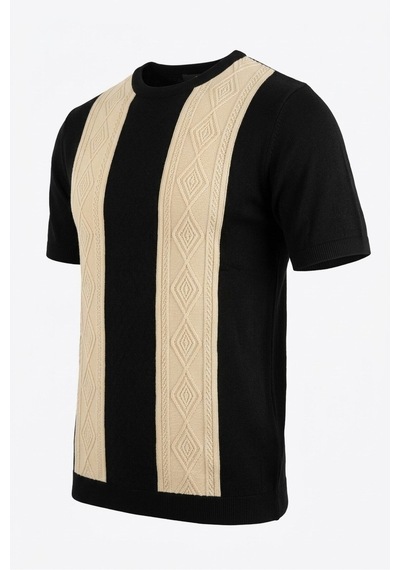 Jakarlı Pamuklu Desenli Triko Tshirt Siyah