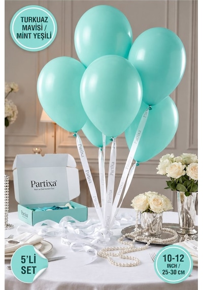 Partixa 5'li Set Turkuaz Mavisi/mint Yeşili Karışımı Renk Premium Lateks Balon - 10-12 İnç 25-30 Cm Helyum Uyumlu