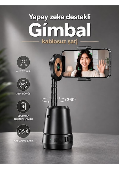 Aı Yüz Takipli Akıllı Gimbal 2000mah Kablosuz Şarjlı 360 Otomatik Dönen Telefon Tutucu
