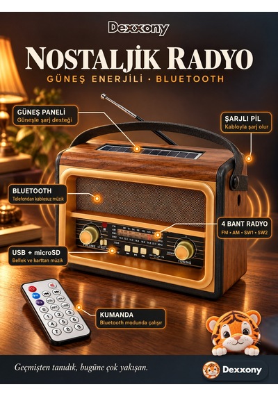 Dexxony Bt-89 Nostaljik Radyo Güneş Panelli Şarjlı Bluetooth Hoparlör Fm Am Sw Usb Microsd Kumandalı