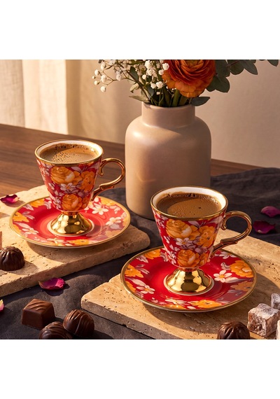 Aryıldız Begonia 12 Parça 6 Kişilik Kahve Fincan Takımı Kırmızı 100 Ml Çok Renkli