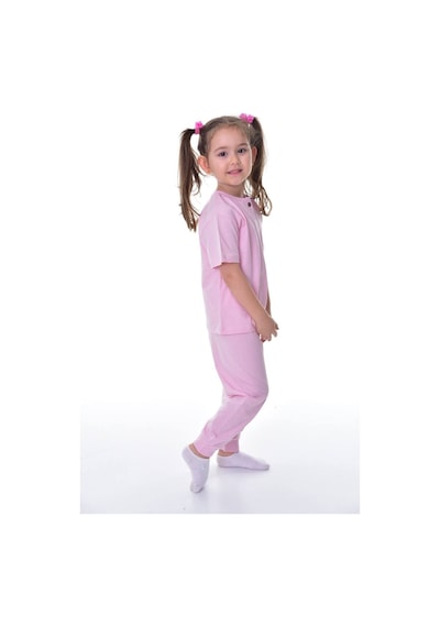 %100 Pamuk Penye Kumaş Düğmeli Sade Terletmeyen Kız Çocuk Yazlık Pijama Takımı Pembe