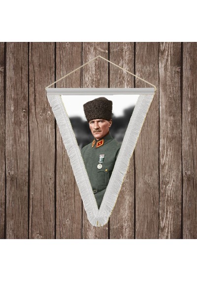 Atatürk Portresi Beyaz Saçaklı Üçgen Flama Bayrak Hatıra Flama Ata68 Diğer