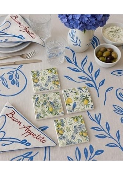 Limon Ve Kuş Desenli Doğal Taş Bardak Altlığı 4 Lü Set, Yazlık Sunum Ürünü 1