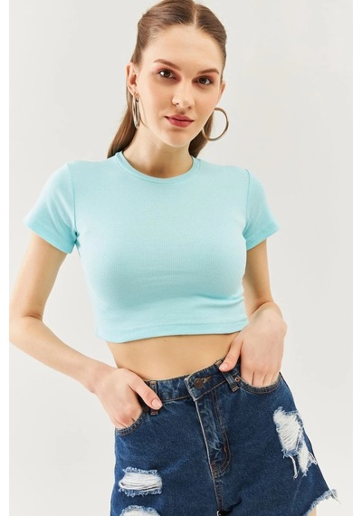 Butikgiz Kadın Kısa Kol Bisiklet Yaka Vücuda Oturan %100 Pamuklu Kaşkorse Esnek Crop Bluz Aqua