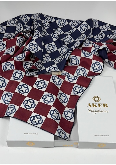 Aker Bosphorus Çift Taraflı İpek Twill Eşarp 89147112 Lacivert-bordo