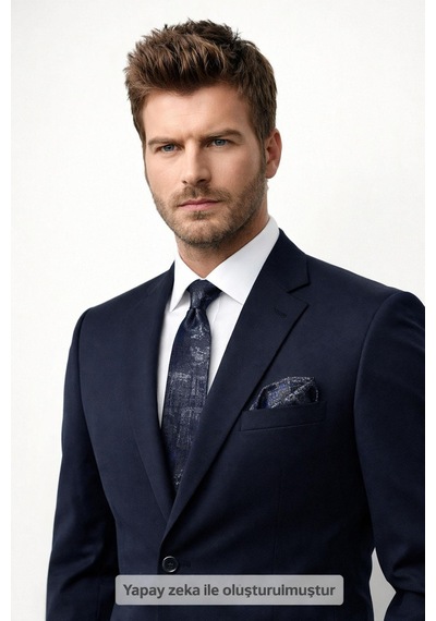 Gaffy Gri Desenli Lacivert Dokuma Kumaş Mendilli Slim Fit Kravat // Sdk-2608-2 Lacivert