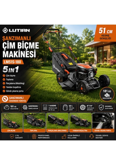Lutian LM51S-180  51 CM 5in1 Şanzımanlı Benzinli Çim Biçme Makinesi