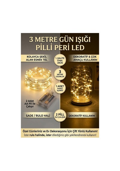 3 Metre Gün Işığı Pilli Peri Led Işık - Dekoratif Bakır Tel Led Aydınlatma Sıcak Sarı