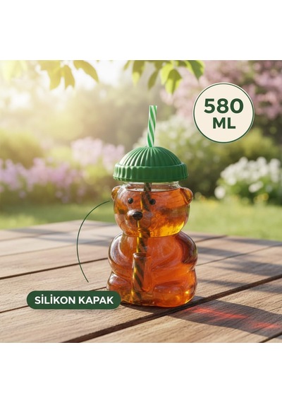 Sevimli Ayıcık Figürlü Borosilikat Cam Bardak 580 Ml - Silikon Kapaklı Ve Pipetli Lüx Barista Soğuk İçecek Bardağı Yeşil 6998