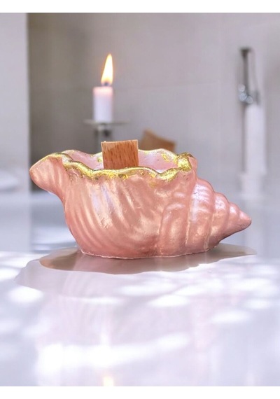 İstiridye Deniz Kabuğu Simli Pembe İncili Kokulu Mum Ahşap Fitilli Mum Simli Açık Pembe