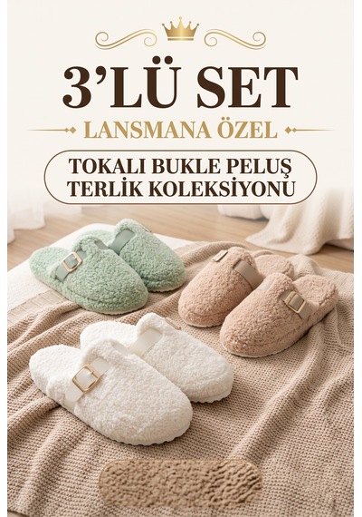 Stwenn 3 Lü Avantajlı Paket Kışlık Peluş Desenli Sessiz Ortopedik Taban Çeyiz Misafir Ev Terliği Set 3 Lü Snow