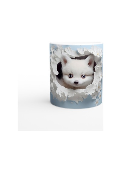 Çiçeklerle Çevrili Masum Pomeranian Temalı Baskılı Kupa Bardak Renkli