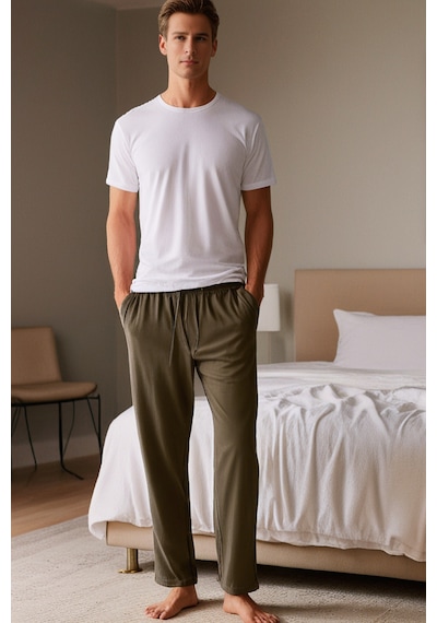 Elemge %100 Pamuk Süprem Erkek Pijama Altı Haki Cepli Rahat Kalıp Relax Fit Lastikli Ipli Terletmez Esnek