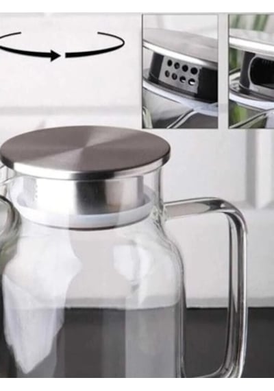 Büro Ev Ofis Sofra Keyfi İçin 1,5lt Metal Kapaklı Borosilikat Cam Sıcak Su Sürahisi