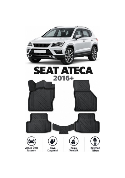 Seat Ateca 2016+ Araca Özel Karbon Desenli 3d Paspas Bagaj Havuzu Set Sabit Zemin Sağ Kulak Siyah