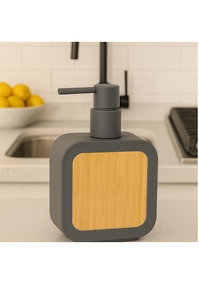 Mat Antrasit Sabunluk Ahşap Desenli Lüks, Ergonomik Tasarım, Ahşap Dispenser 000 Açık Krem