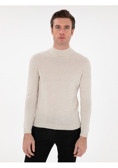 Cacharel Bej Slim Fit Yün Karışımlı Yarım Balıkçı Yaka Basic Triko Kazak