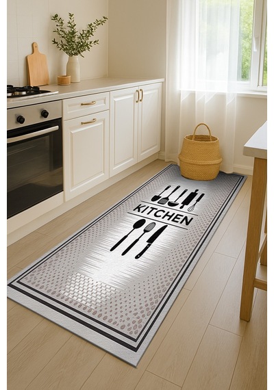 Turkıshrug Kıngdom Gri Kitchen Yazılı Dekoratif Mutfak Halısı Kaymaz Ve Yumuşak Çok Renkli