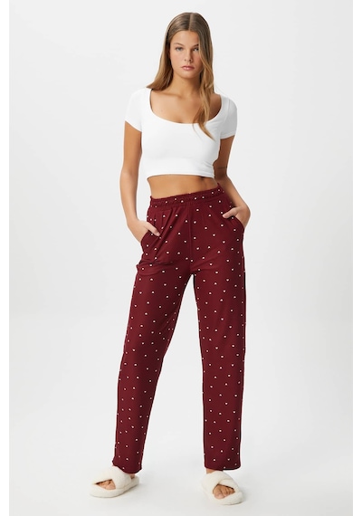 Ritnice Kadın Teddi Ultra Yumuşak Cepli Bordo Kalp Desen Yılbaşı Pijama Altı Çok Renkli